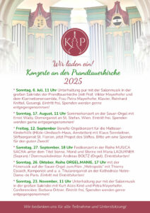 * Sonntag, 6. Juli, 11 Uhr Unterhaltung pur mit der Salonmusik in der großen Sakristei der Prandtauerkirche (mit Prof. Viktor Mayerhofer und dem Klarinettenensemble, Frau Petra Mayerhofer, Klavier, Reinhard Knittel, Gesang). Eintritt frei, Spenden werden gerne entgegengenommen!
* Sonntag, 17. August, 11 Uhr Sommerkonzert an der Sauer-Orgel mit Ernst Wally, Domorganist an St. Stefan, Wien. Eintritt frei, Spenden werden gerne entgegengenommen! 
* Freitag, 12. September Benefiz-Orgelkonzert für die Malteser-Kinderhilfe (Hilde-Umdasch-Haus, Amstetten) mit Klaus Sonnleitner, Stiftsorganist St. Florian, jetzt Propst des Stiftes. Bitte um eine Spende für den guten Zweck! 
* Samstag, 27. September, 18 Uhr Festkonzert in der Reihe MUSICA SACRA unter dem Titel Sonne, Mond und Sterne mit Maria LADURNER (Sopran) / Dommusikdirektor Andreas BOLTZ (Orgel). Eintrittskarten!
* Sonntag, 26. Oktober, Reihe ORGEL.MANIE, 17 Uhr mit der Filmmusik auf der Sauer-Orgel zum Film „Metropolis“ mit Thierry Escaich, Komponist und u. a. Titularorganist an der Kathedrale Notre-Dame-de Paris. Eintritt mit Eintrittskarten!
* Sonntag, 23. November, 11 Uhr Unterhaltung pur mit der Salonmusik in der großen Sakristei mit Kurt Alois Kind und Petra Mayerhofer.  Conferencière: Barbara Ortner. Eintritt frei, Spenden werden gerne entgegengenommen!